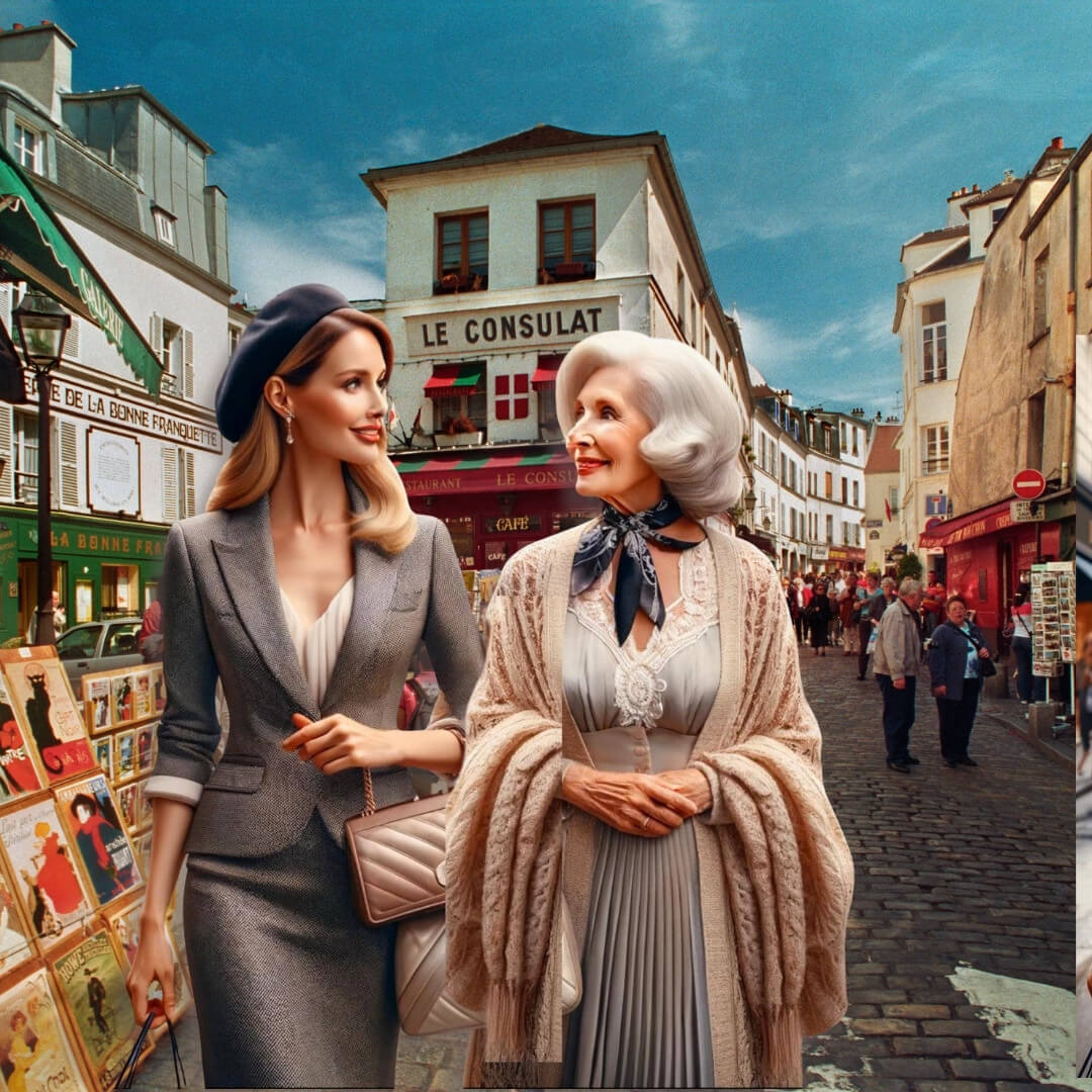 une guide touristique parisienne locale menant une visite shopping personnalisée pour une femme élégante quelque part sur Montmartre à Paris