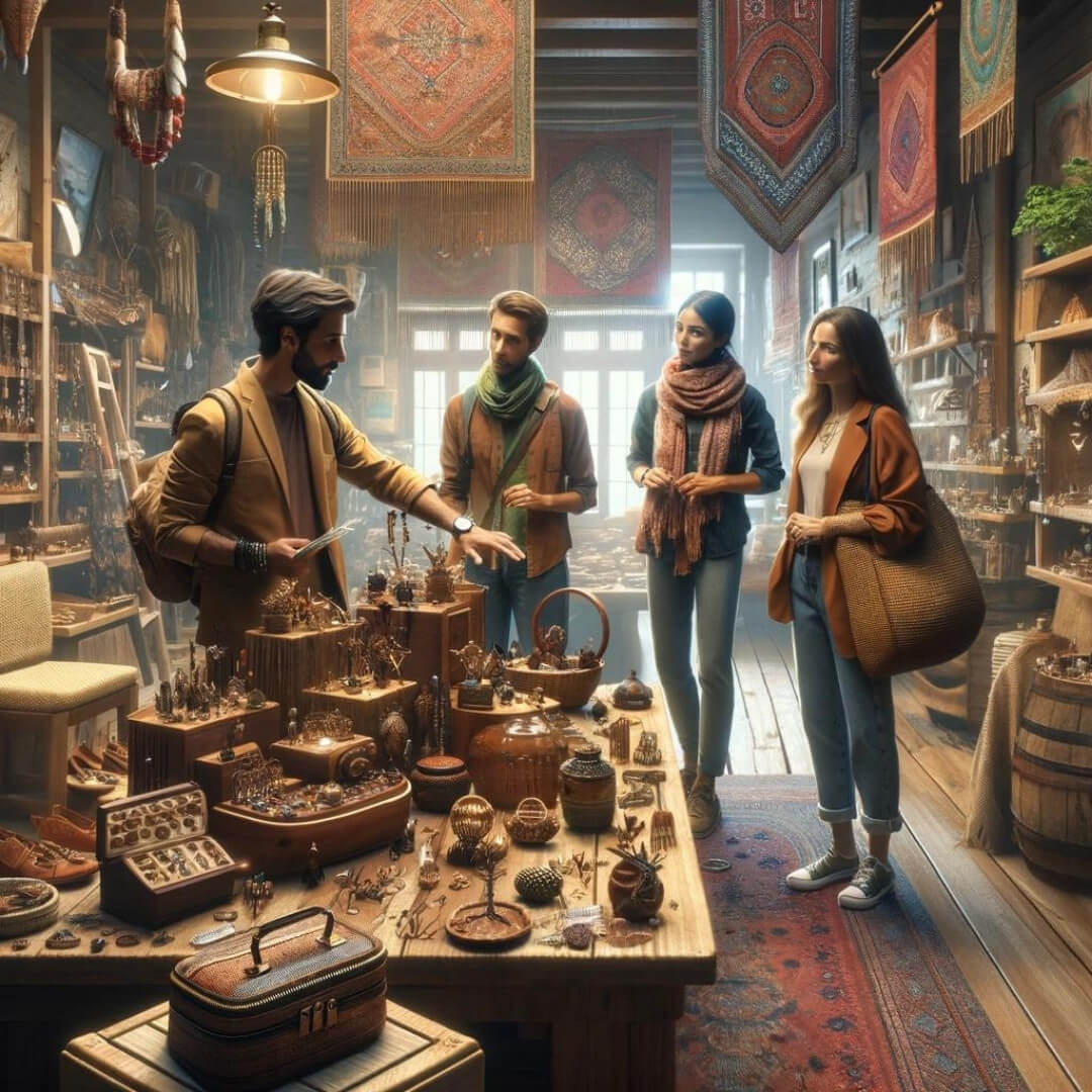 Amenez les touristes dans un magasin d'artisanat où ils choisissent des accessoires faits à la main localement.