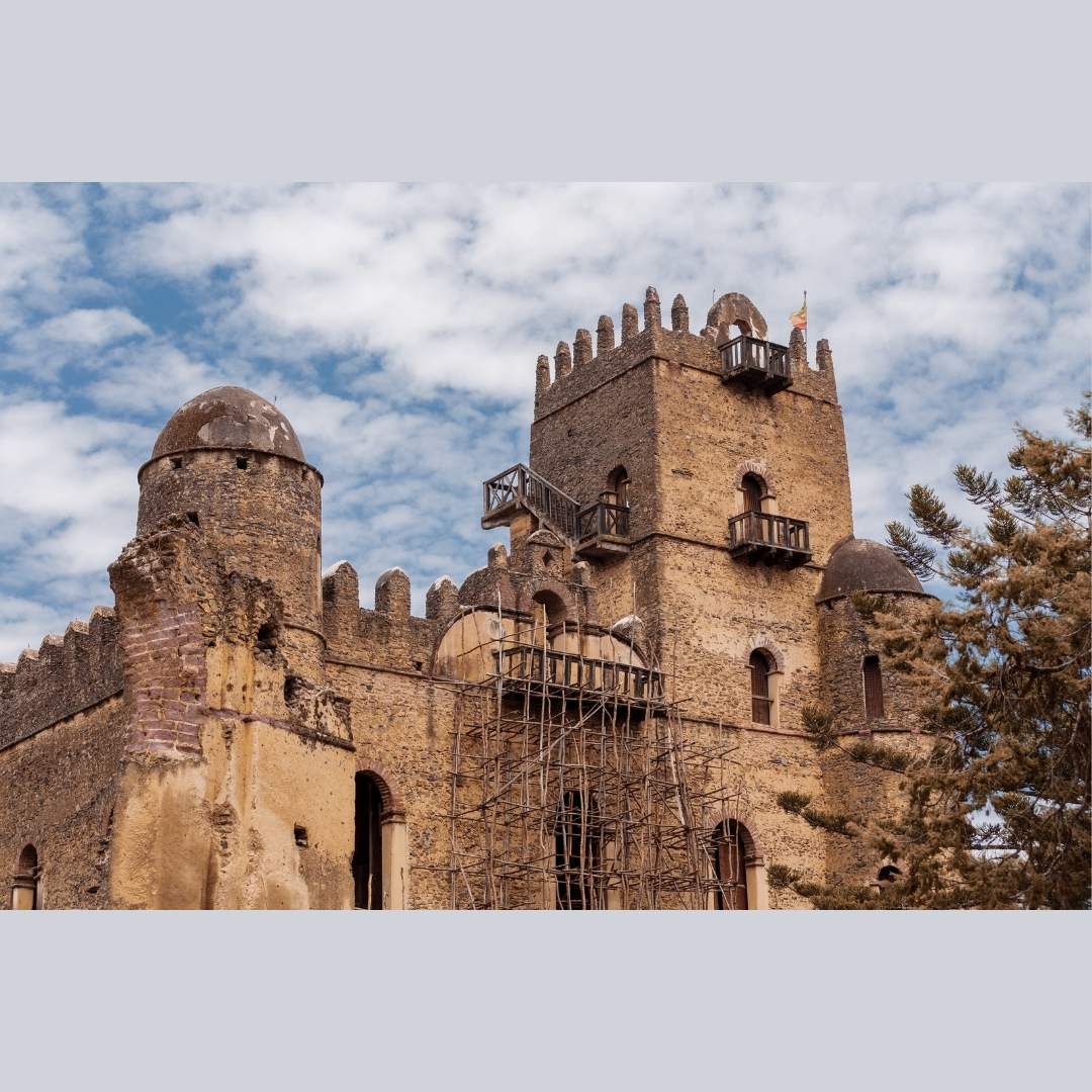 Ruins of famous african castle Fasil Ghebbi, Royal fortress-city in Gondar, Ethiopia. Imperial palace is called Camelot of Africa. UNESCO World Heritage Site