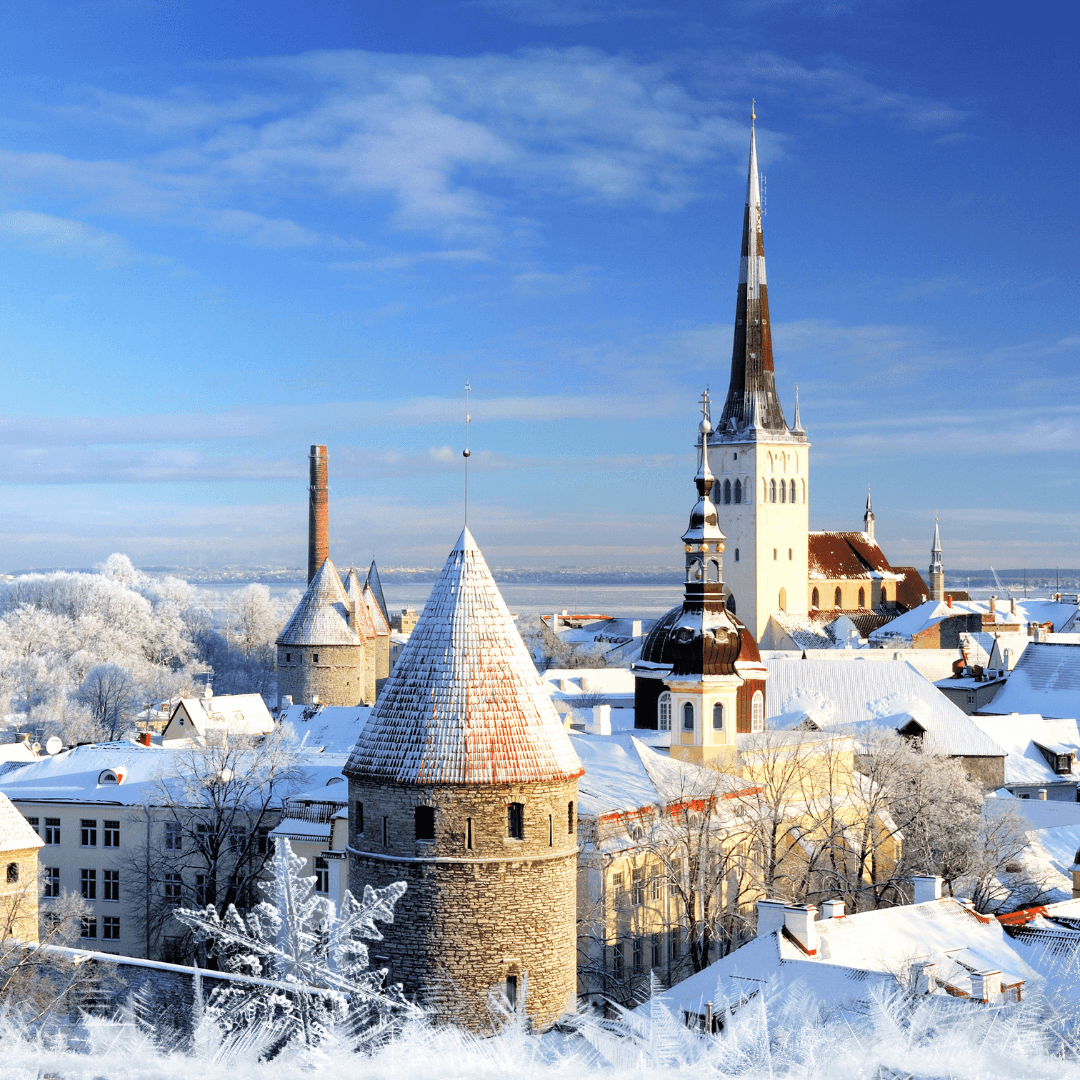 Una vista panoramica sugli alberi e sulla città vecchia di Tallinn sotto la neve in inverno, Estonia