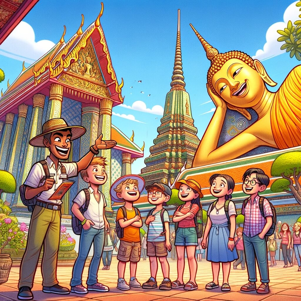 A local Thai tour guide and tourists on a personal excursion in Wat Pho in Bangkok