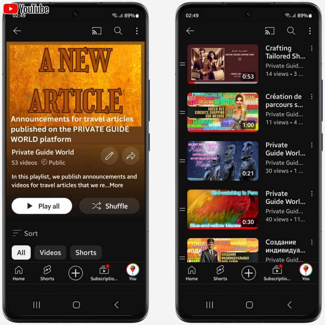 Mobile version of the Playlist with Announcements for travel articles published on the PRIVATE GUIDE WORLD platform