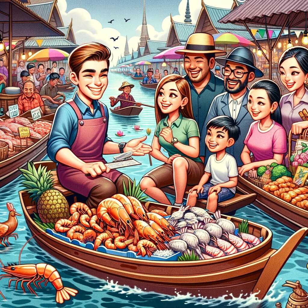 Un guide touristique thaïlandais local et les touristes achètent du poulet et des crevettes sur le marché flottant de Bangkok pour cuisiner plus tard une soupe Tom Yum