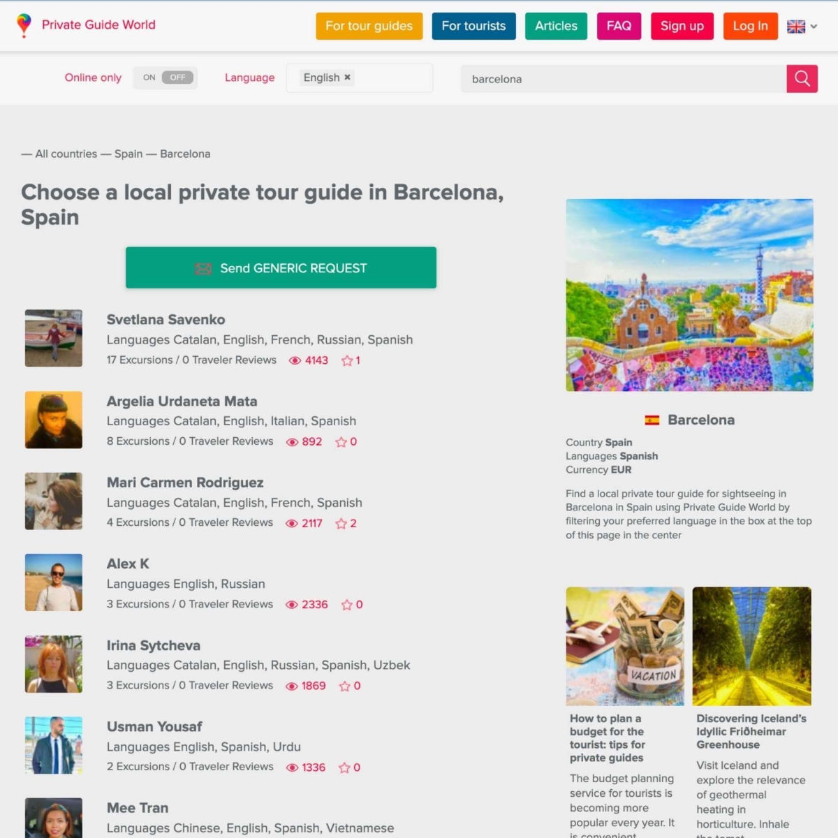 Local private tour guides in Barcelona on the Private Guide World platform at www.pg.world