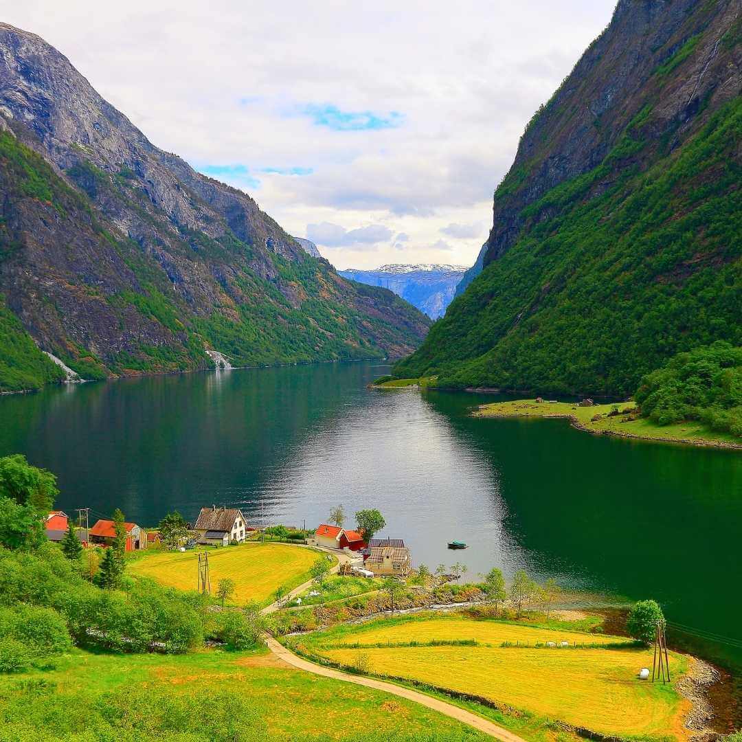 Naeroyfjord - idyllic fjord landscape and a Norwegian fishing village, Rorbus