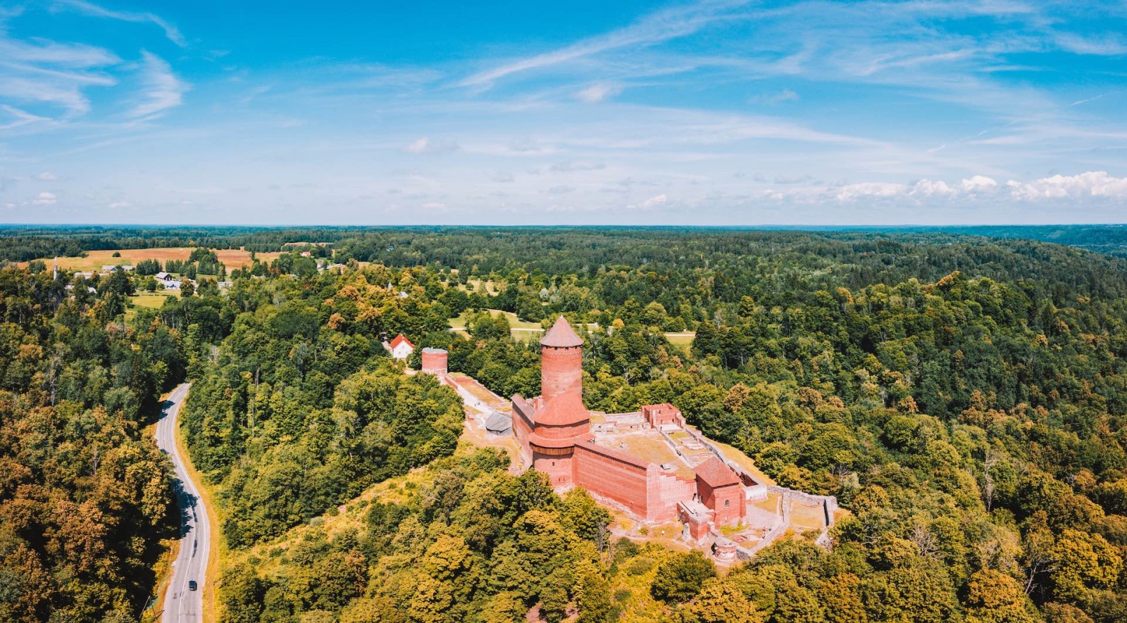 Amazing Aerial View over the Turaida Castle during Golden Hours, Sunset Time, Sigulda, Latvia, Touristic Place