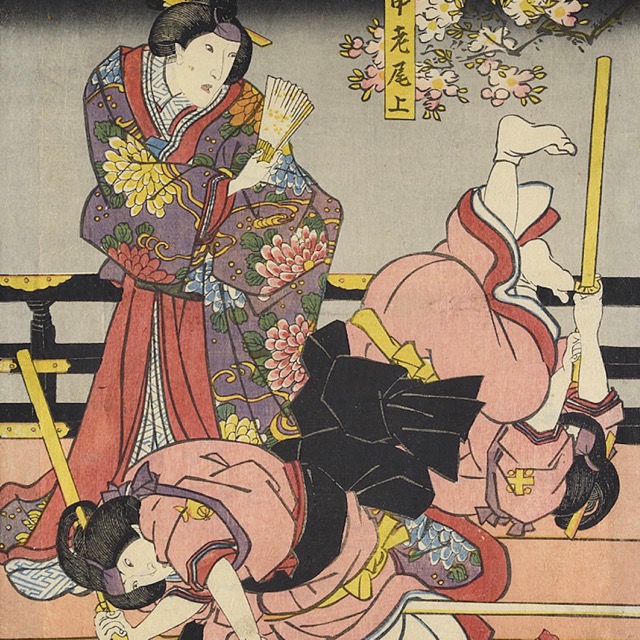 L'acteur Onoe Baikō IV dans le rôle de Chūrō Onoe dans une scène du deuxième acte du spectacle Kabuki Hanato Mimasu yayoi no Hatsuyaku.  Avec l'aimable autorisation du Museum für Kunst und Gewerbe Hamburg, Europeana