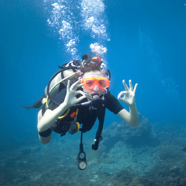 Scuba Diving girl informes the team that everything is fine!