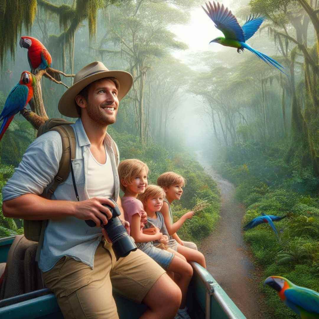 Los guías turísticos locales en Costa Rica llevarán a su familia y a sus hijos a un recorrido de observación de aves por las selvas.