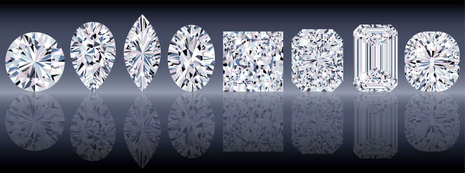 Ensemble de diamants clairs d'eau scintillante de différentes formes taillées.  Vue de dessus