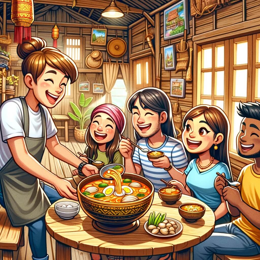 Местный тайский гид и туристы наслаждаются свежеприготовленным супом Том Ям в аутентичном деревенском доме в Бангкоке.