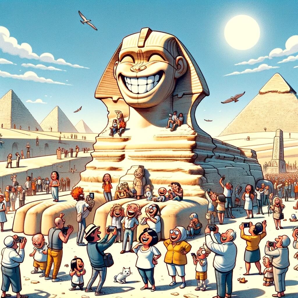 Muchos turistas toman fotografías de la sonriente Esfinge en Giza.