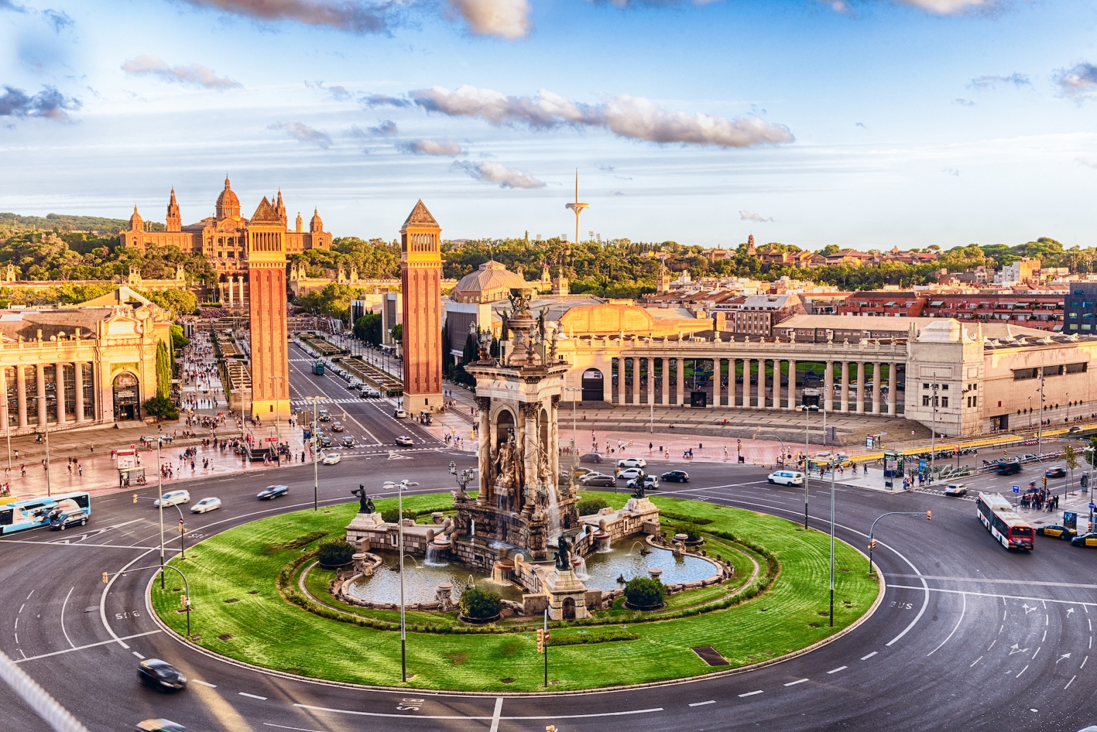 Aerial view of Placa d'Espanya, landmark in Barcelona, Catalonia, Spain