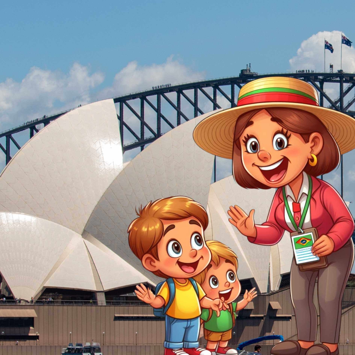 La gioia dei bambini che ascoltano la loro guida turistica personale durante un tour della città di Sydney.