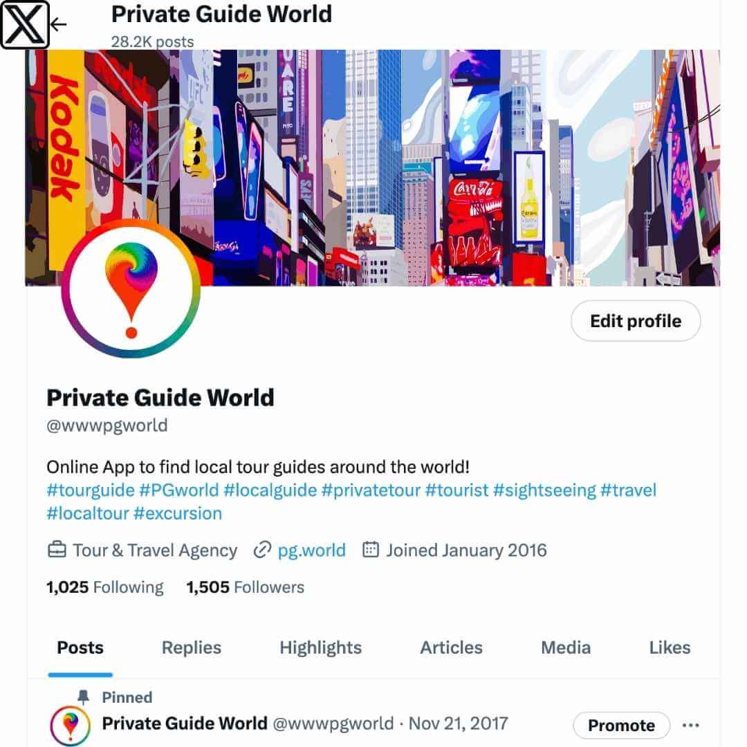 Twitter profile of the PRIVATE GUIDE WORLD platform