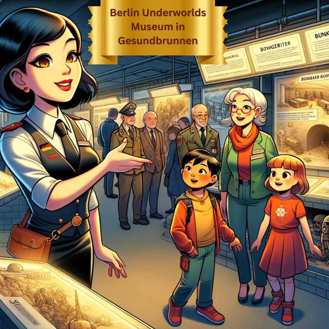 A tourist family is inside of the Berlin Underworlds Museum in Gesundbrunnen with the German female tour guide