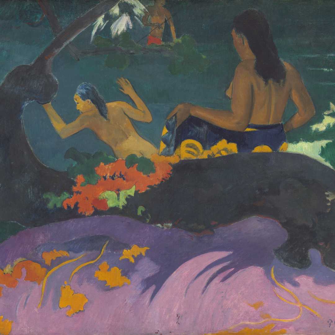 Three Tahitian Women, by Paul Gauguin, 1896, French Post-Impressionist painting, oil on canvas. The women are dressed in pareus in a tropical landscape