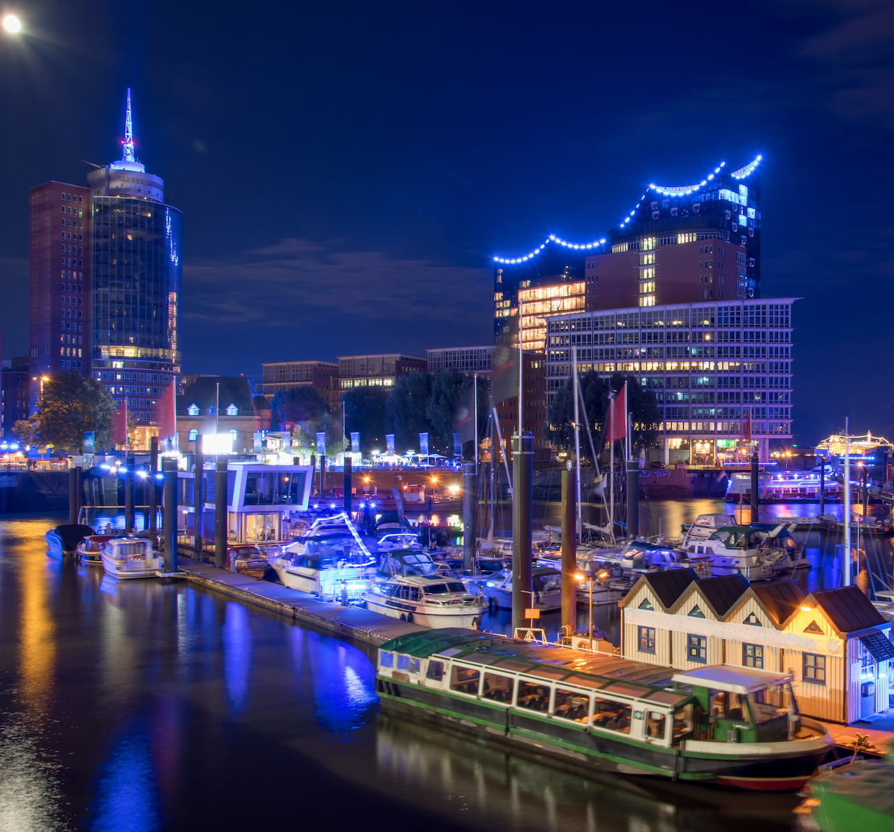 panorama of the harbor of Hamburg at night