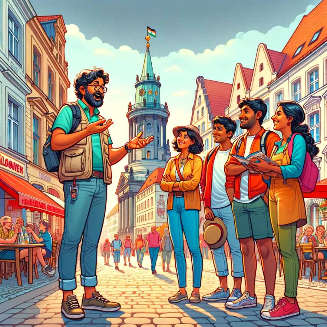 Guía turístico alemán con el grupo de turistas indios en Nikolaiviertel, Berlín