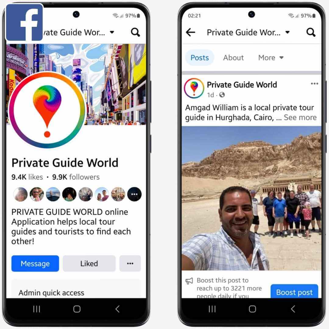 Version mobile de la Page Facebook de la plateforme PRIVATE GUIDE WORLD