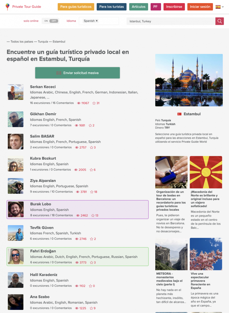 Página de guías turísticos privados locales de Estambul en la plataforma PRIVATE GUIDE WORLD