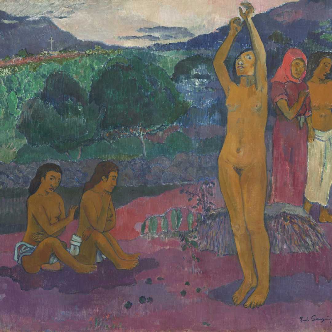 The Invocation, by Paul Gauguin, 1903, French Post-Impressionist painting, oil on canvas. This is likely a Tahitian pagan religious scene. In the distance is a building with a Christian Cross