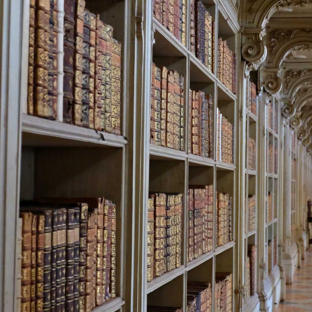 Livres anciens disposés sur des étagères à l'intérieur du palais national de Mafra