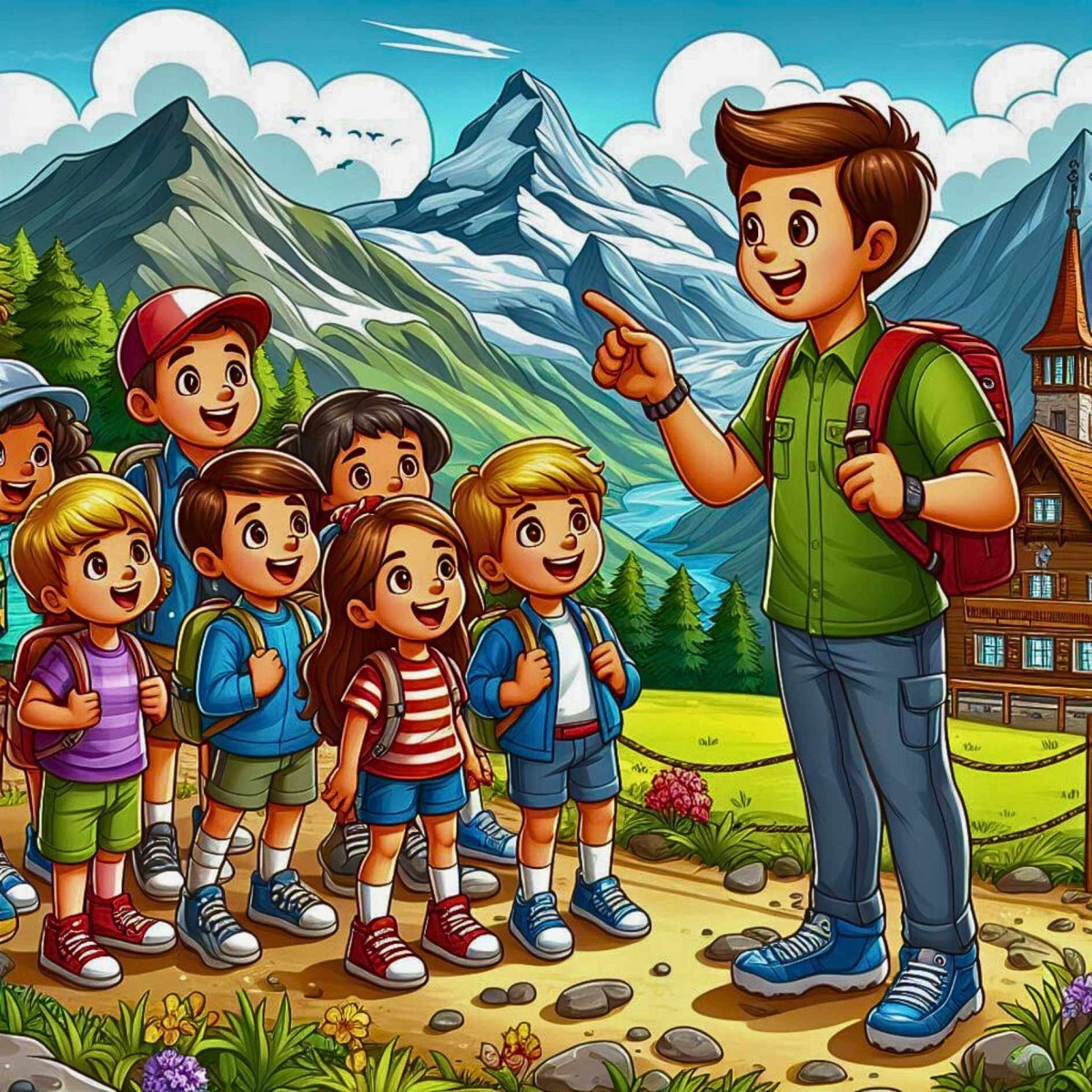 Мальчики и девочки отправляются в горный поход по Швейцарии.