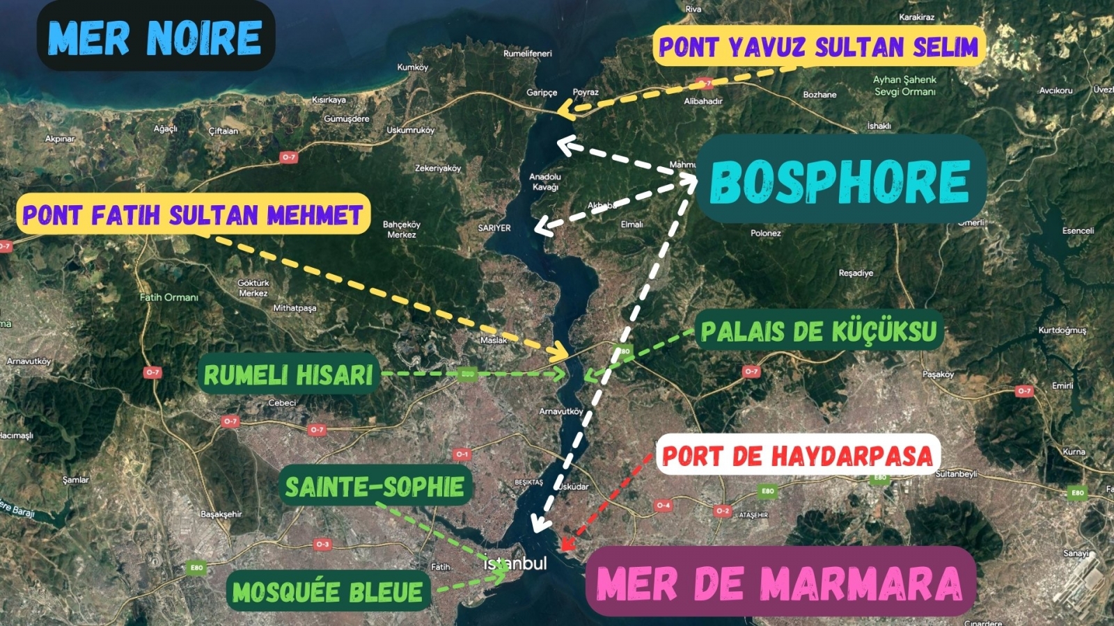 Carte 2 de quelques attractions touristiques le long du détroit du Bosphore
