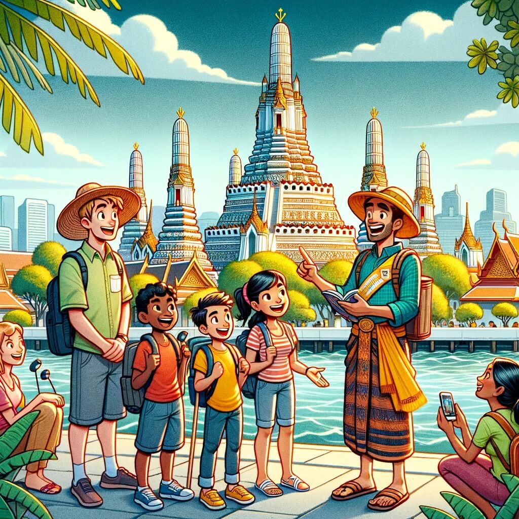 Ein lokaler thailändischer Reiseleiter und Touristen bei einem privaten Ausflug im Wat Arun in Bangkok