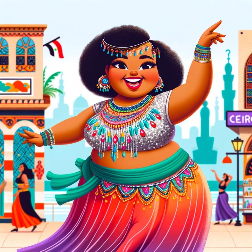A confident, plus-sized woman is joyfully performing a belly dance in Cairo