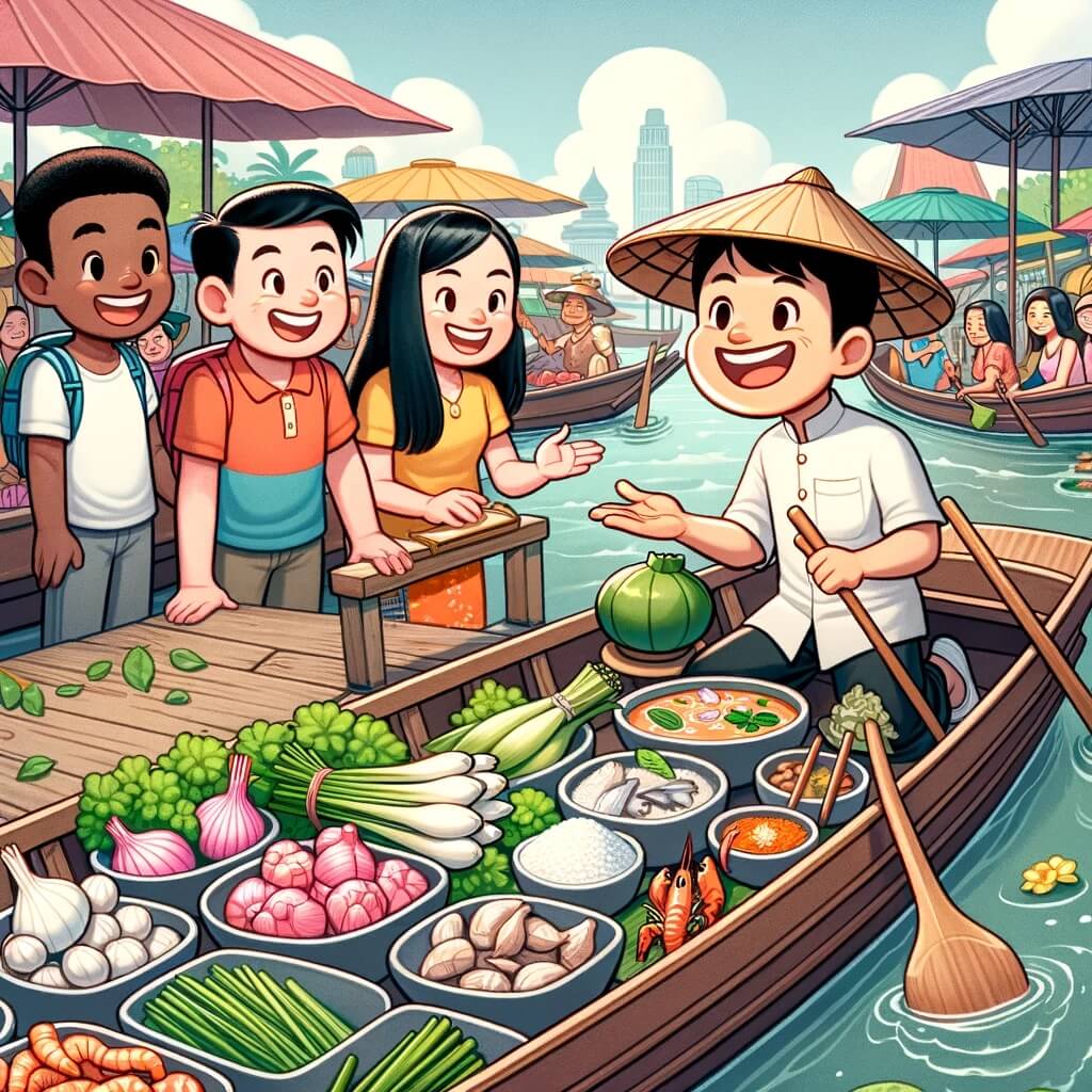 Guía turístico tailandés y turistas en el mercado flotante de Bangkok
