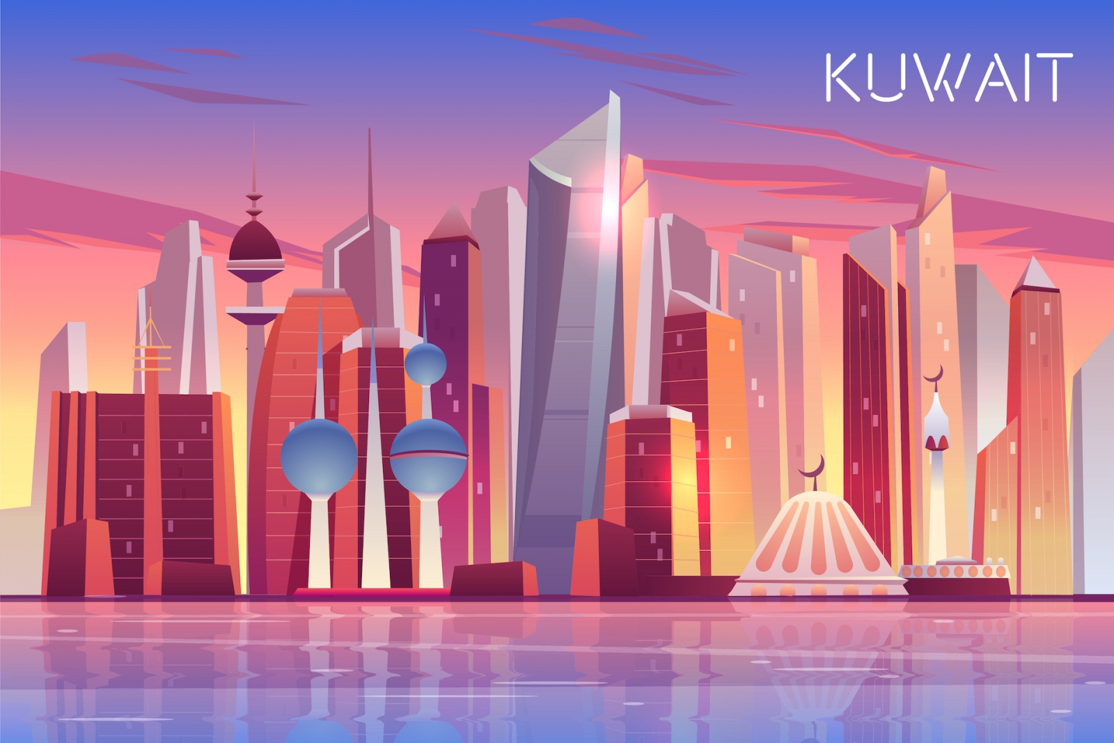 Skyline von Kuwait.  Moderner arabischer Staatspanoramahintergrund mit Wolkenkratzern und Türmen steht in der Bucht des Persischen Golfs
