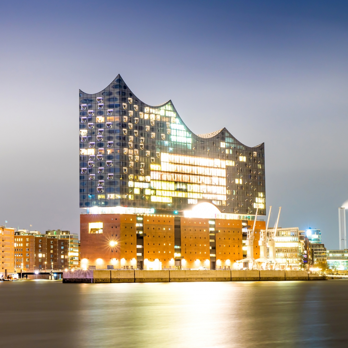 Elbphilharmonie and Hamburg harbor at night