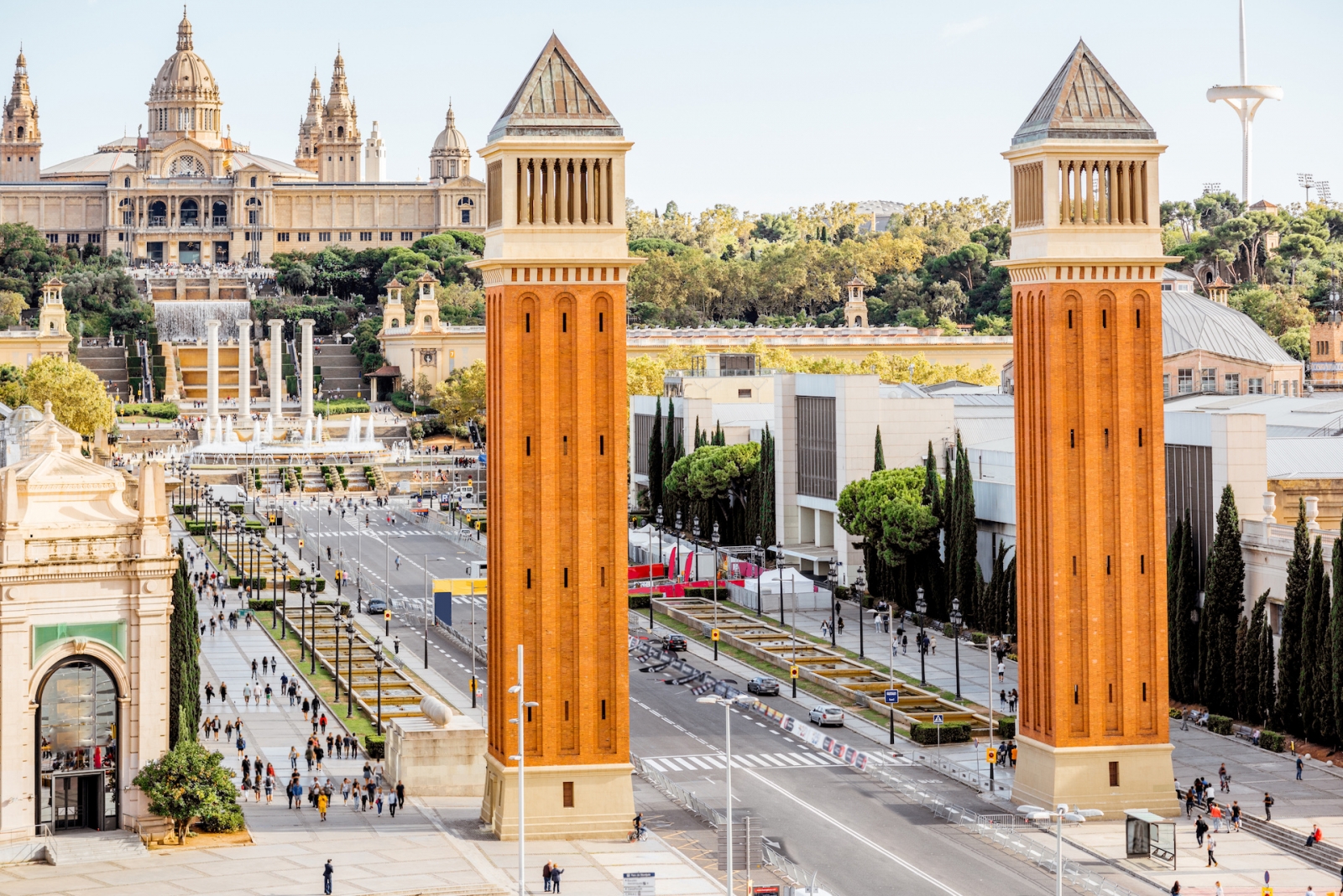 View on the Venetian columns and Art museum on the Spain square in Barcelona city