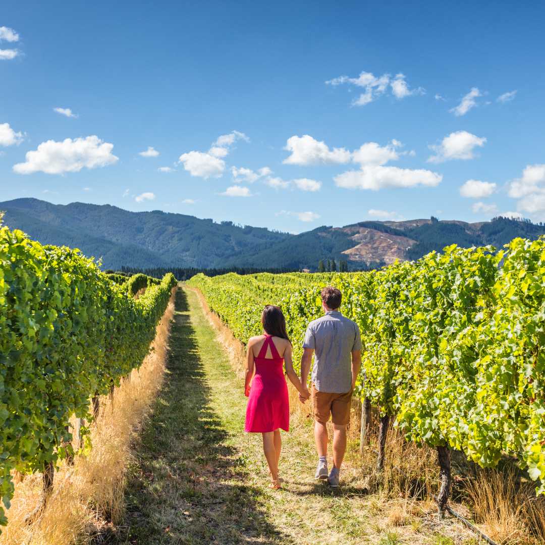 Couple travel around New Zealand and visit Marlborough Region Winery. Nice walk amongst grapevines