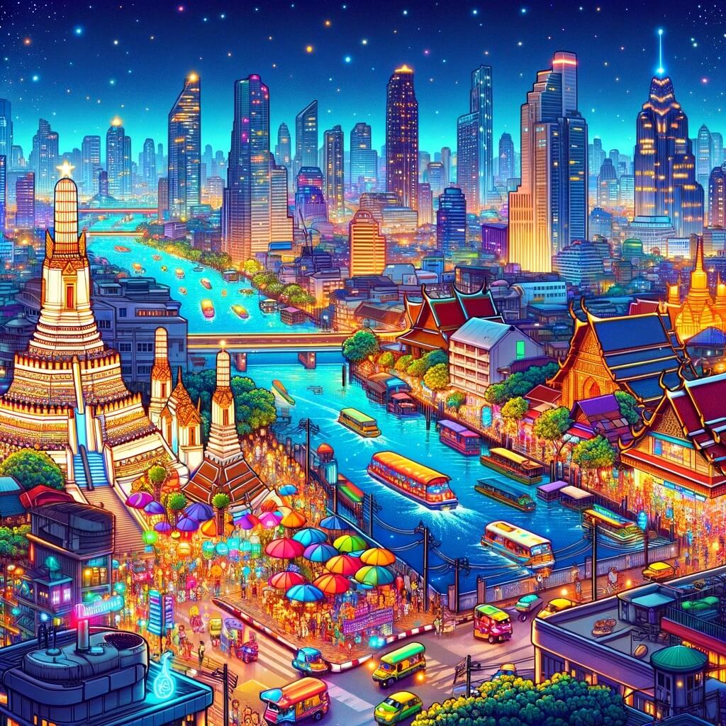 Paisaje urbano de Bangkok por la noche