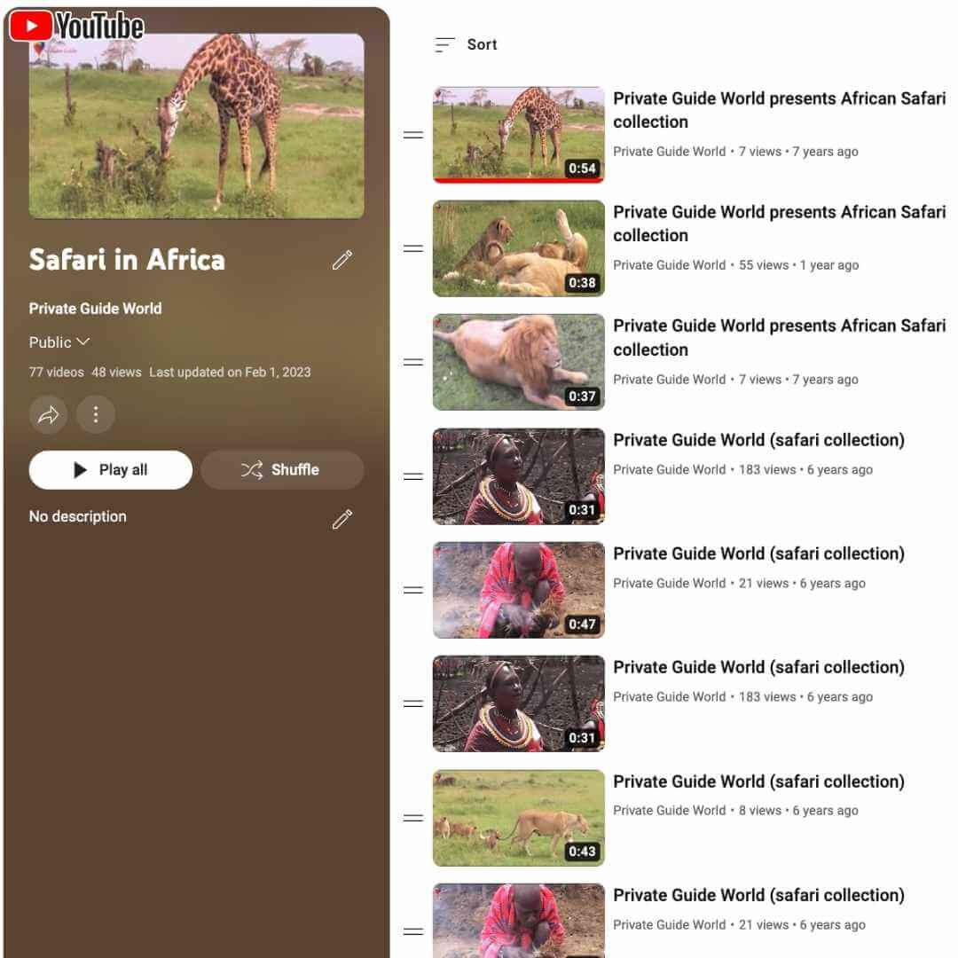 Lista de reproducción Safari en África en el canal de YouTube @PrivateGuideWorld