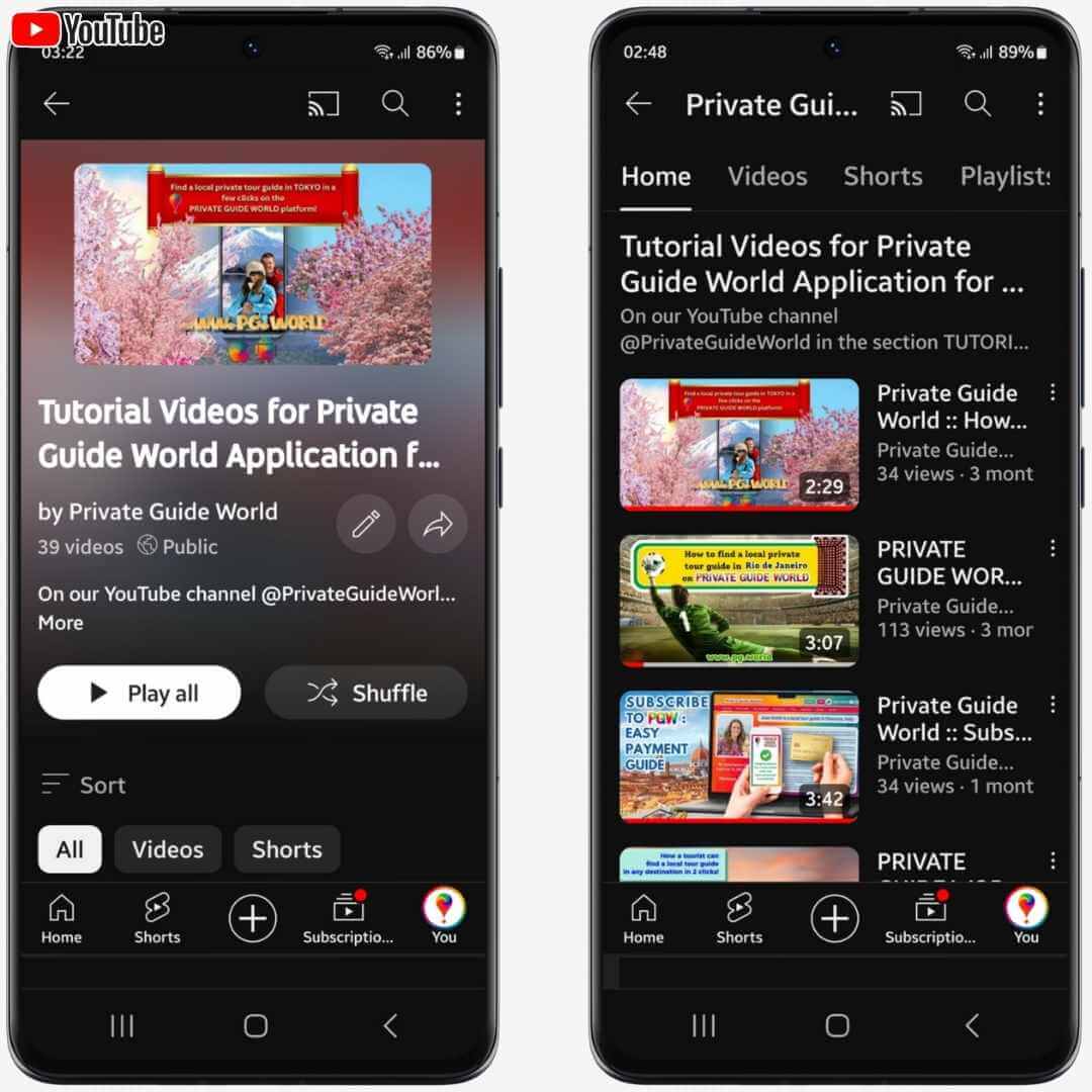 Playlist with Tutorial Videos for Private Guide World Application for Web, Android, and iOS on the mobile version of YouTube channel @PrivateGuideWorld