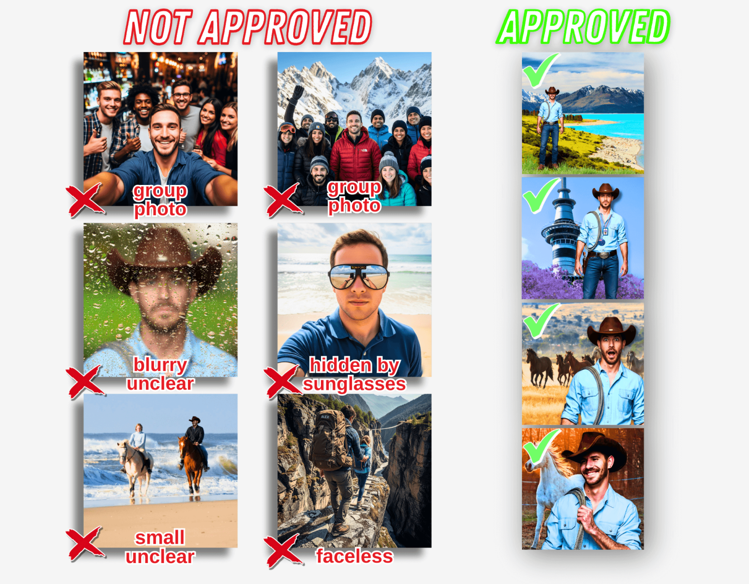 Requirements for avatar photo - examples of the photos that are relevant and not (list 1)