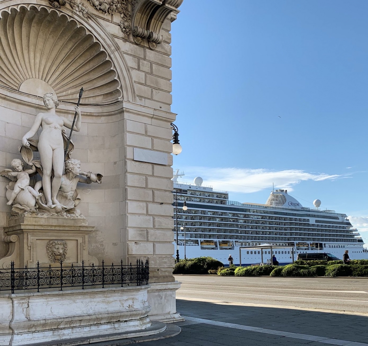 Grotto of Venus and Cruise liner in port of Trieste