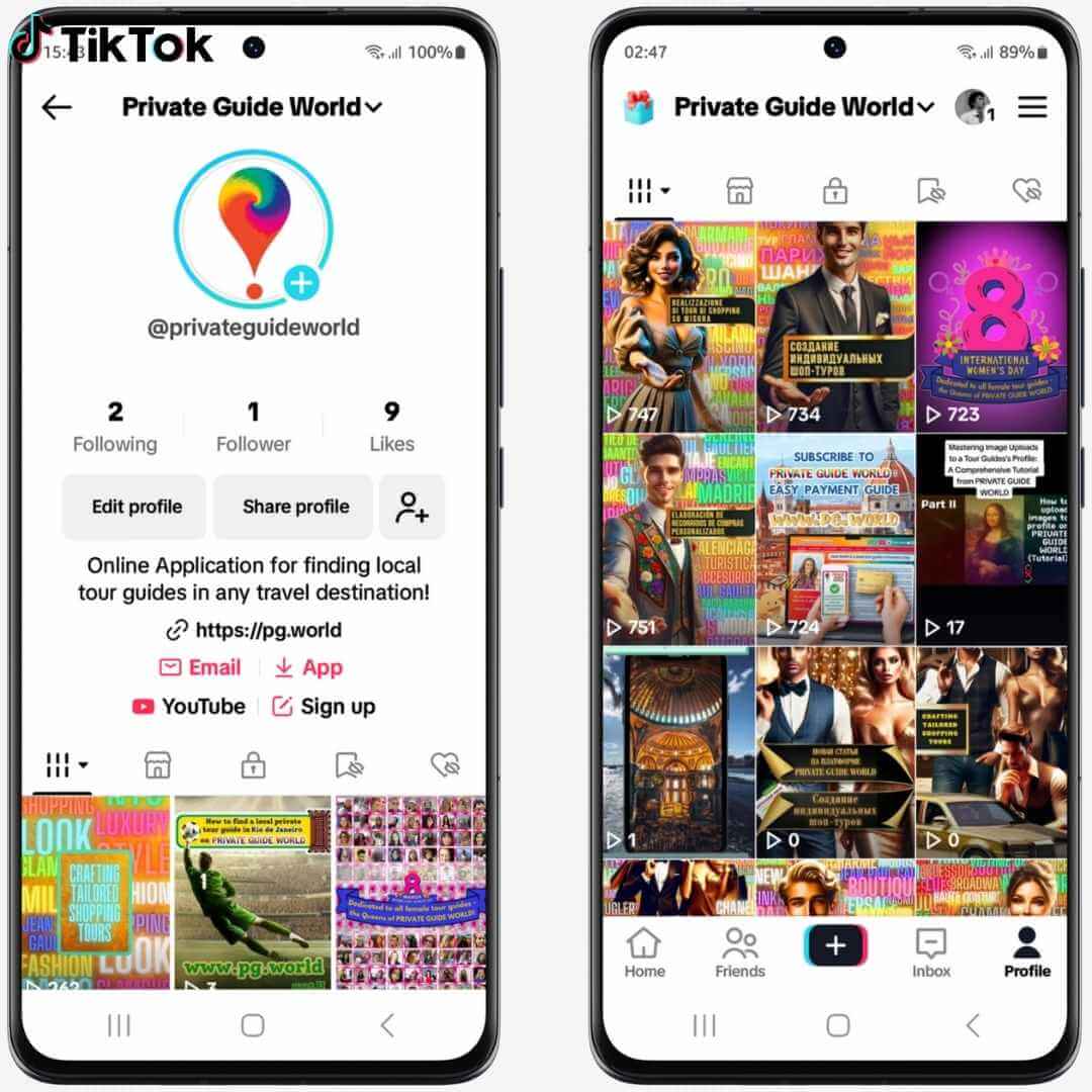 Versión móvil del Perfil de la plataforma PRIVATE GUIDE WORLD en TikTok