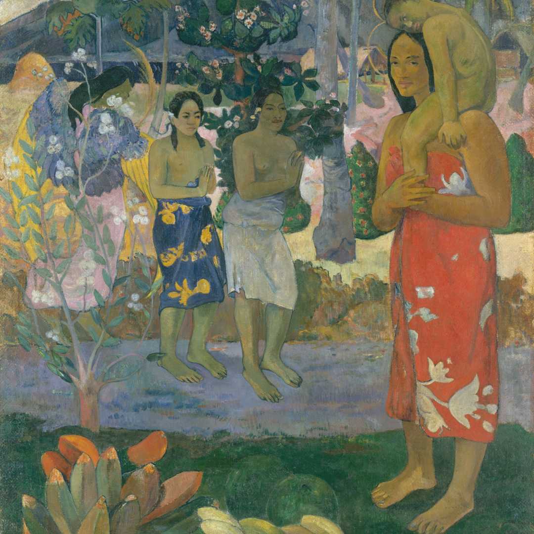 Ave Maria (Ia Orana Maria), di Paul Gauguin, 1891, dipinto post-impressionista francese, olio su tela. Gauguin dedicò questa prima grande tela tahitiana a un tema cristiano, con un angelo dalle ali gialle che rivela una Maria tahitiana e