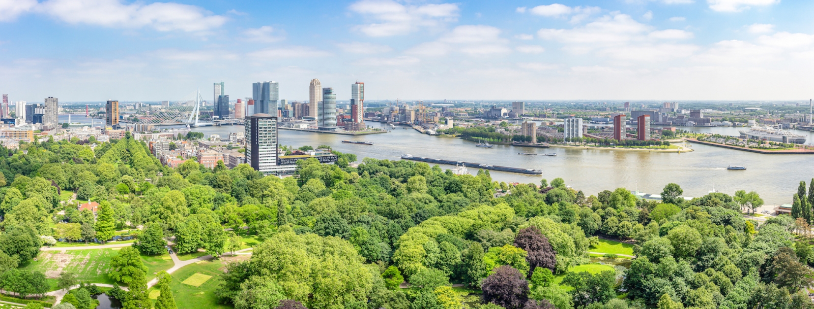 Panoramic view of Rotterdam with the river Maas and the Erasmus bridge, the park at the Euromast, the buildings at the Cruise Terminal and Hotel New York, Katendrecht with SS Rotterdam