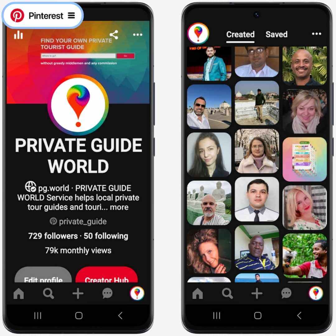 Mobile version of the Profile of the PRIVATE GUIDE WORLD platform on Pinterest