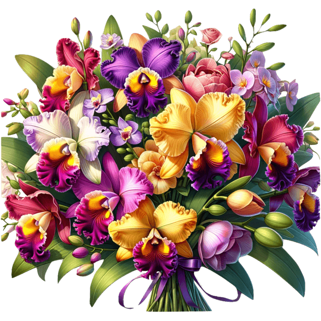 La pienezza e la varietà delle orchidee Cattleya dai colori intensi, disposte artisticamente e legate con un nastro elegante: che bel souvenir da Bangkok!