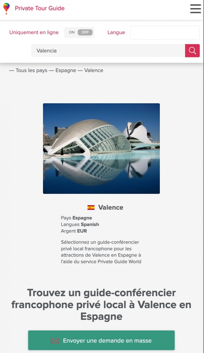 Liste des guides-conférenciers locaux à Valence sur la plateforme en ligne PRIVATE GUIDE WORLD sur www.pg.world/fre, page 1