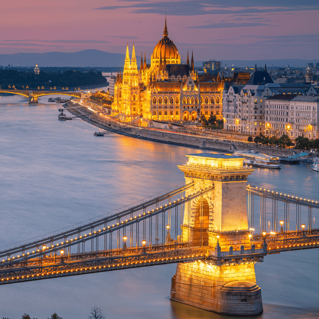 Aerial cityscape image of Budapest with Szechenyi Chain Bridge and parliament building