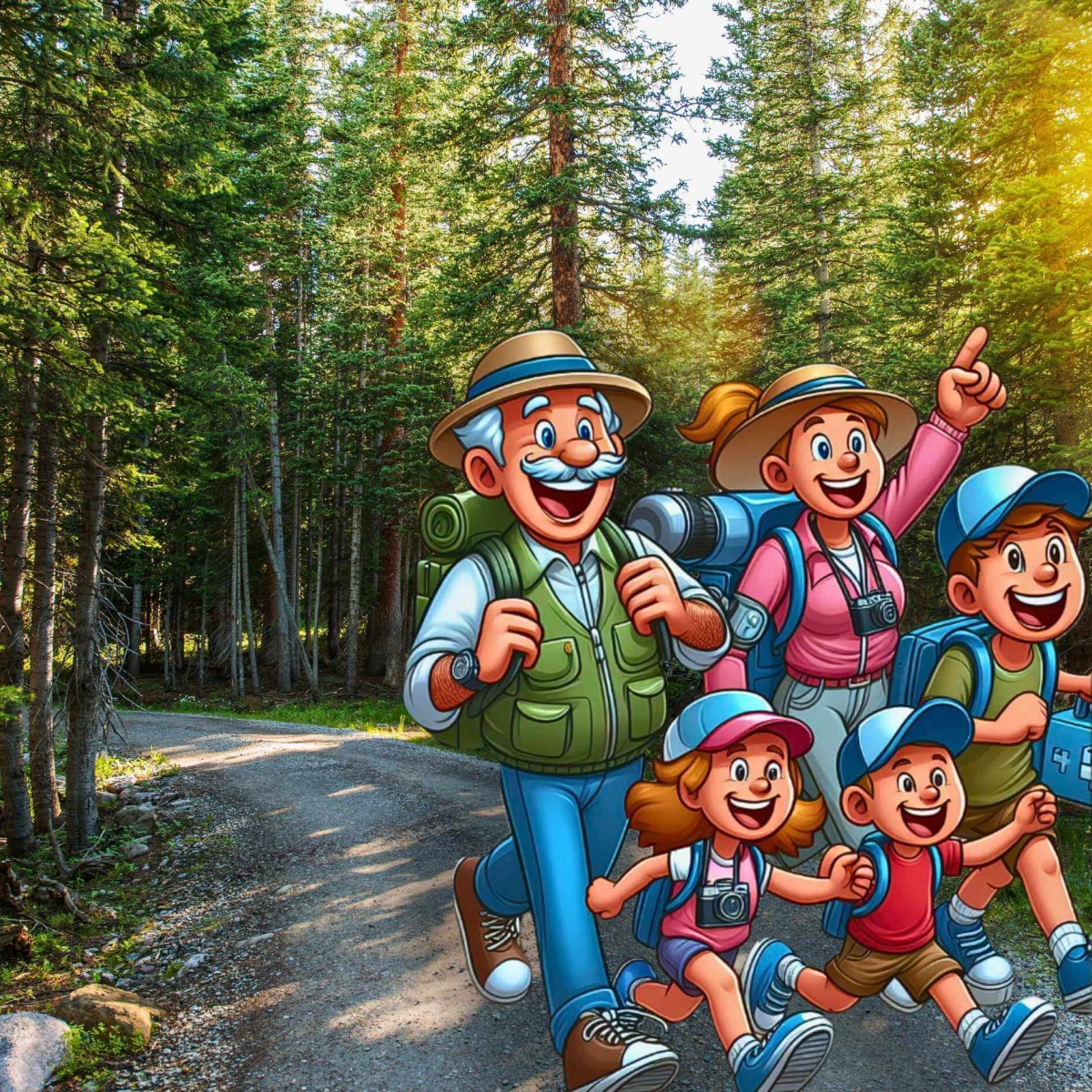 Parents avec enfants sur un sentier forestier.