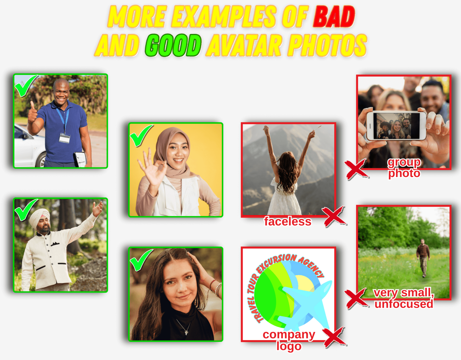 Requirements for avatar photo - examples of the photos that are relevant and not (list 2)